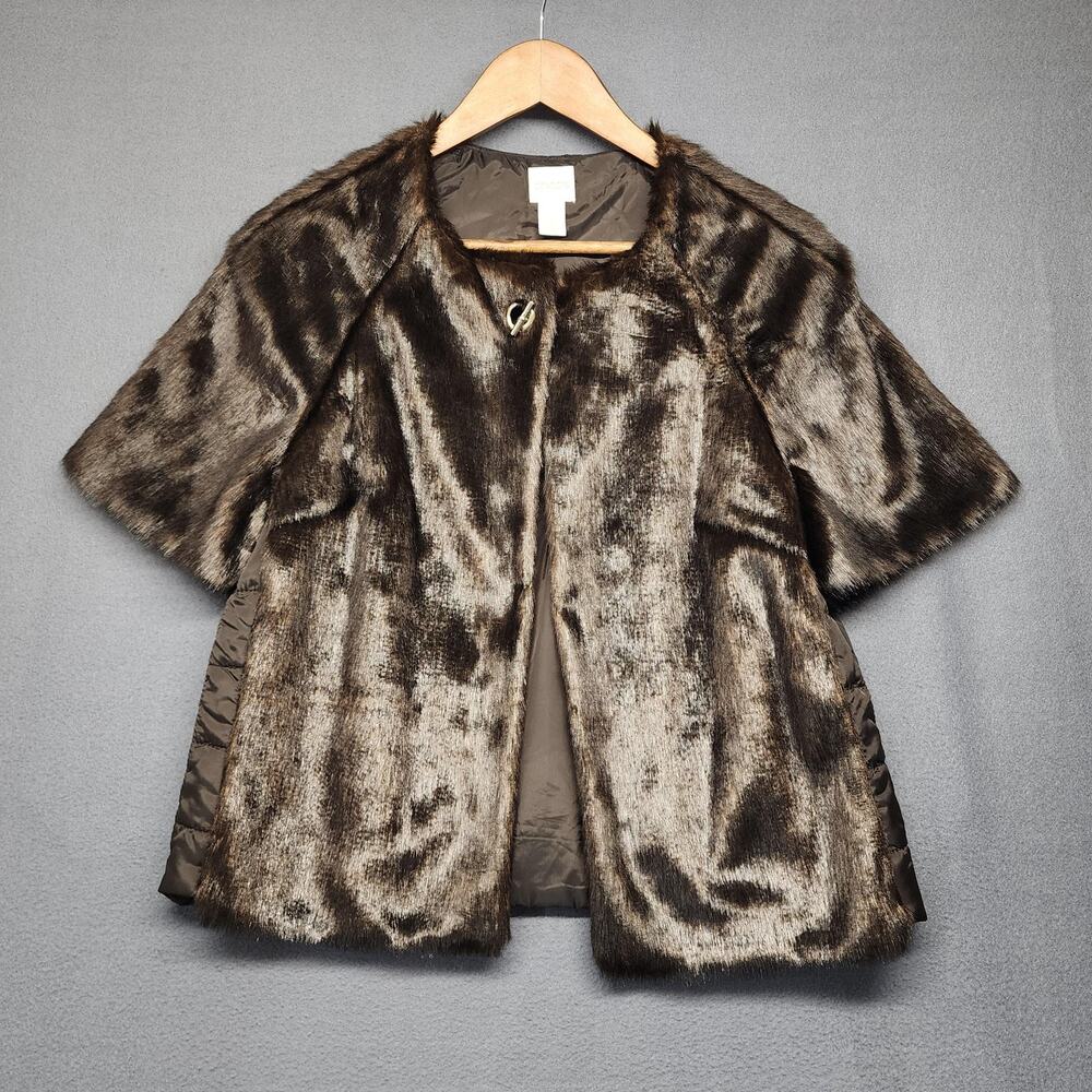 Chicos Faux Fur Cape Jacket Womens 0 US Small Brown Short Sleeve Toggle Closure